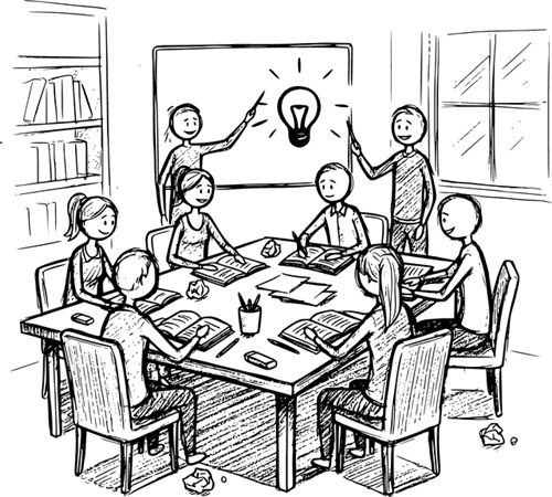 Illustration of a team brainstorming ideas around a table with a lightbulb on the whiteboard